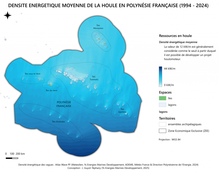 Carte de la densité énergétique moyenne de la houle en Polynésie française )(
